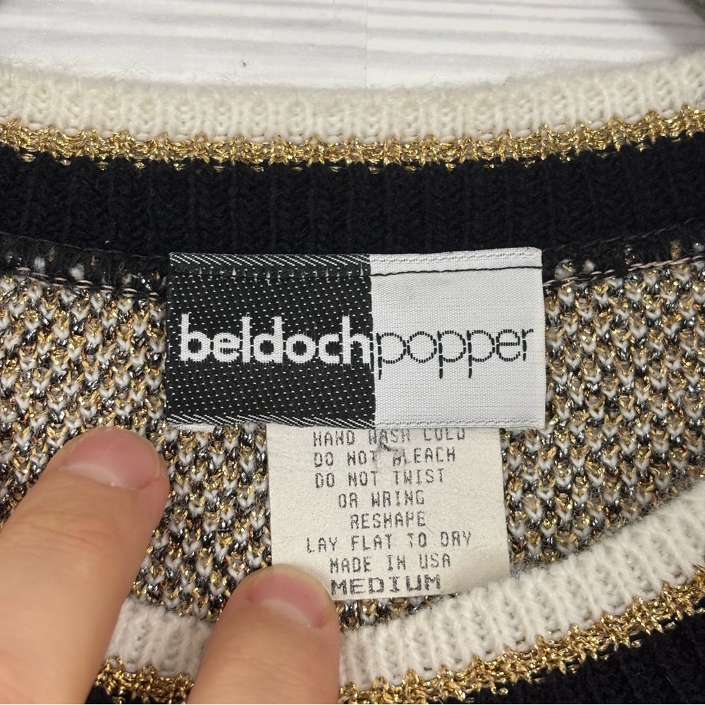 Vintage 90’s Beldoch Popper Geometric Print Gold Acrylic Sweater Size Medium - Picture 8 of 10